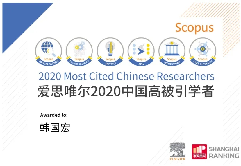韓國宏教授入選 “2020年中國高被引學(xué)者”榜單！